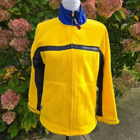 Y2k Tommy Hilfiger Jeans Yellow Jacket Colorblock Fleece Mixed Media size Large - Picture 1 of 16